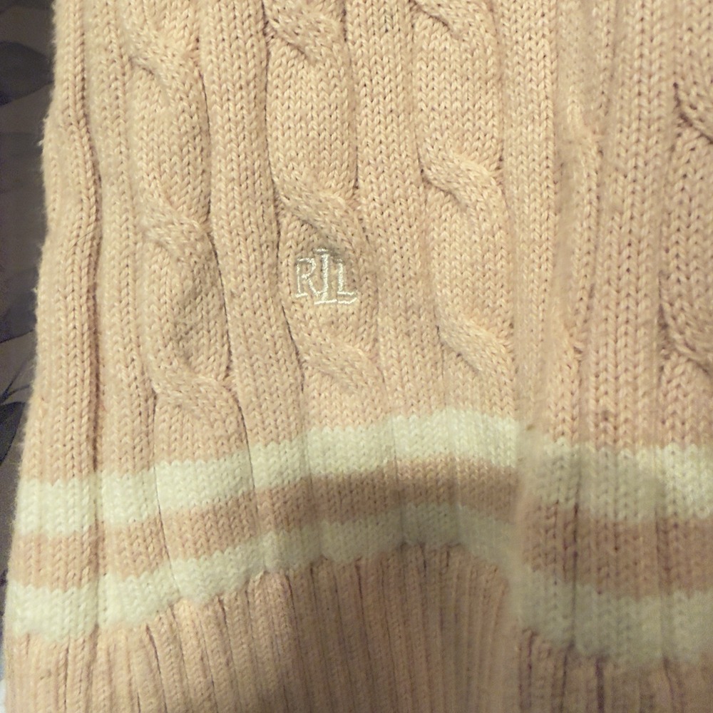 Ralph Lauren Varsity Striped Cricket Cable Knit V Neck Sweater Pink Size M - Picture 5 of 5